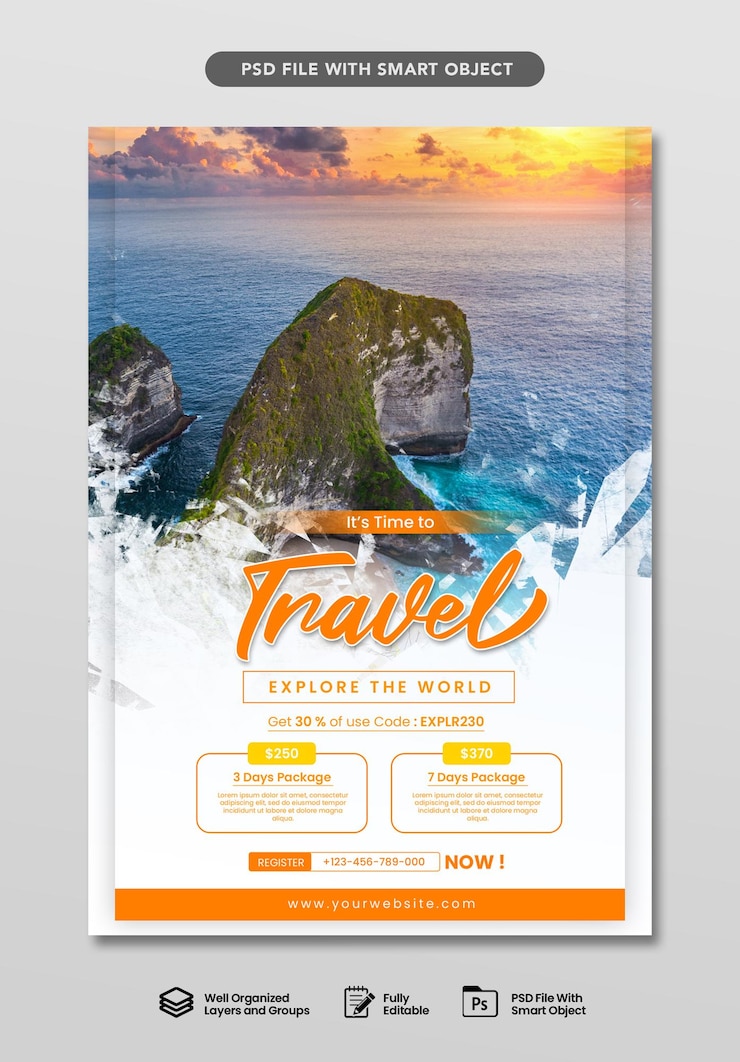PSD modèle d'impression d'affiches de prospectus de voyages et de tourisme