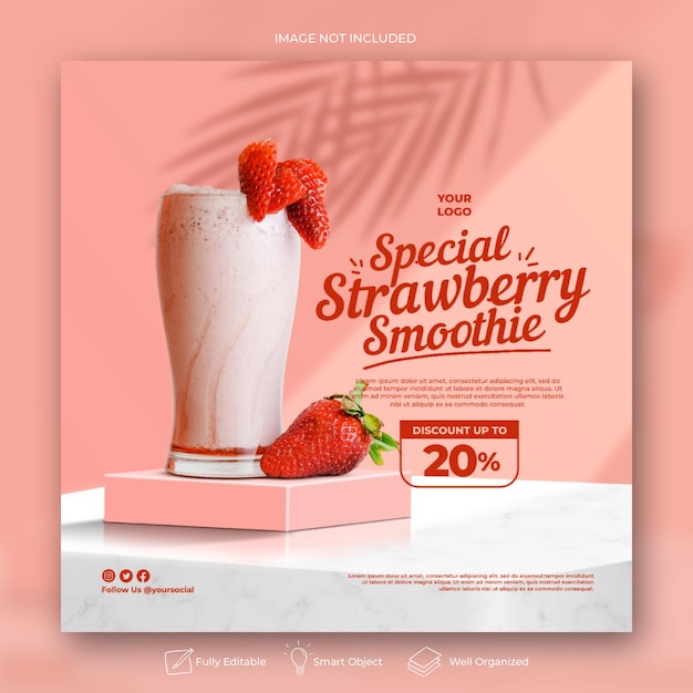 Modèle Instagram de bannière de publication de médias sociaux de menu de boisson aux fraises pour la promotion