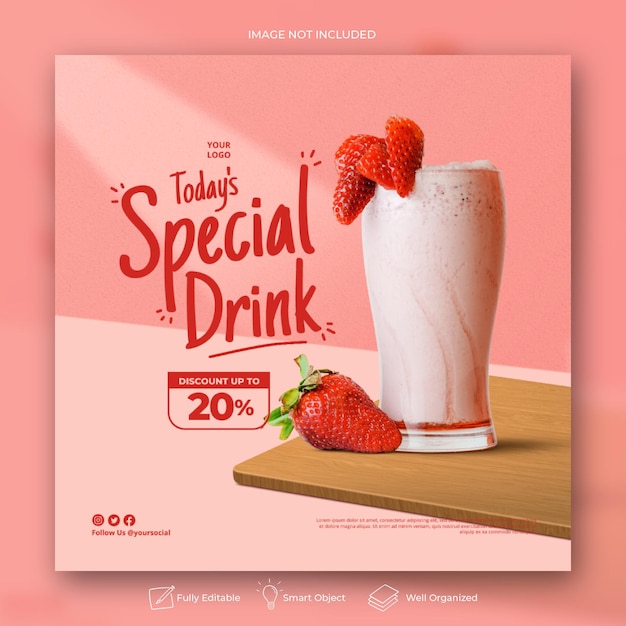 Modèle Instagram de bannière de publication de médias sociaux de menu de boisson aux fraises pour la promotion