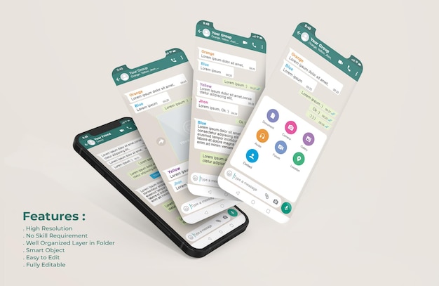 Modèle d'interface Whatsapp sur téléphone mobile et maquette de présentation de l'application ui ux