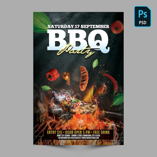 PSD modèle d'invitation d'affiche pour une soirée barbecue