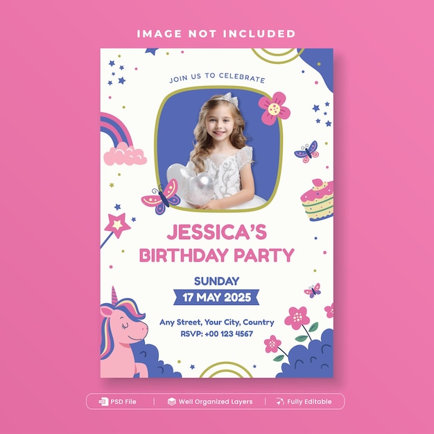 Modèle d'invitation d'anniversaire de licorne avec des fleurs de papillon et un arc-en-ciel