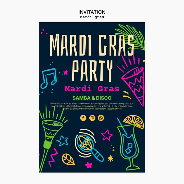 PSD modèle d'invitation au mardi gras à design plat