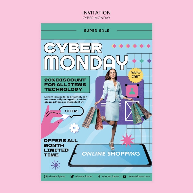 PSD modèle d'invitation cyber lundi design plat