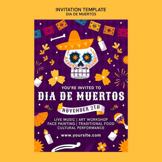 Modèle D'invitation Dia De Muertos Dessiné à La Main