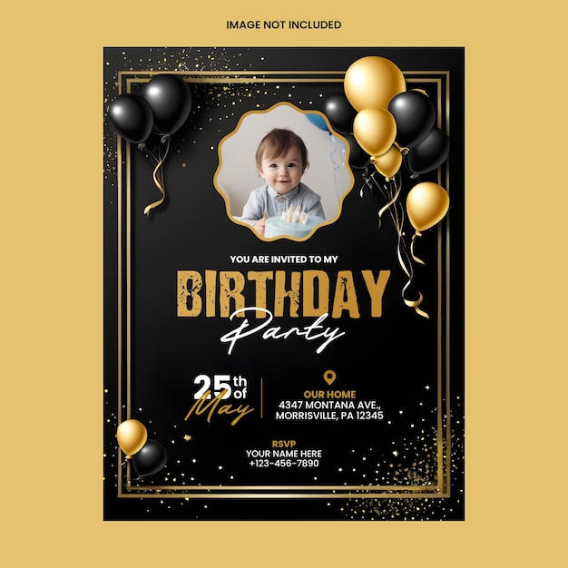 Modèle d'invitation à une fête d'anniversaire en or et noir avec photo