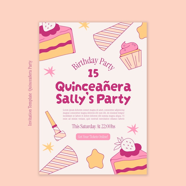 PSD modèle d'invitation à une fête de quinceañera design plat