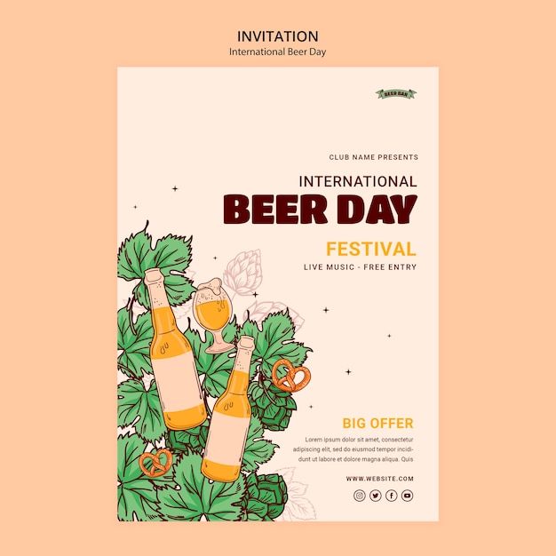 PSD modèle d'invitation à la journée internationale de la bière dessiné à la main