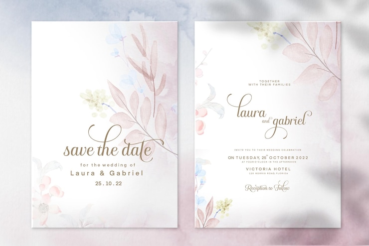 PSD modèle d'invitation de mariage aquarelle avec des feuilles roses