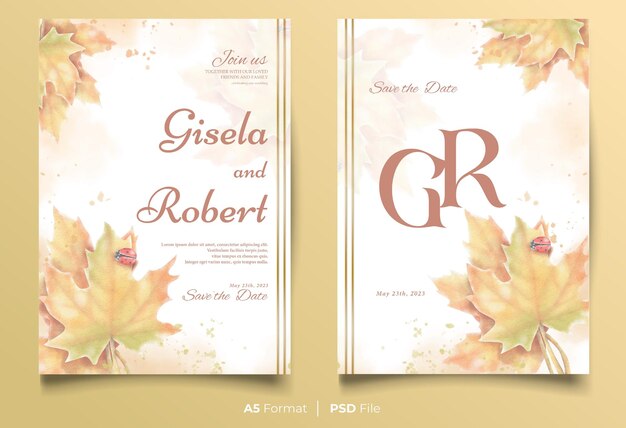 Modèle d'invitation de mariage aquarelle avec ornement de feuille rustique