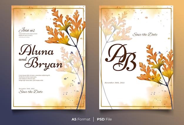Modèle d'invitation de mariage aquarelle avec ornement de fleur jaune