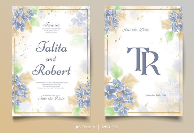 Modèle d'invitation de mariage aquarelle avec ornement de fleurs bleues et jaunes