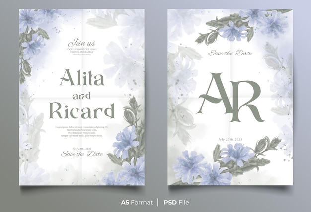 PSD modèle d'invitation de mariage aquarelle avec ornement de fleurs bleues et vertes