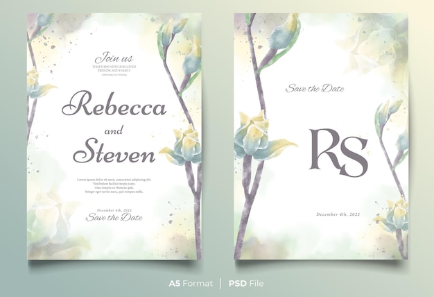 PSD modèle d'invitation de mariage aquarelle avec ornement de fleurs jaunes et bleues