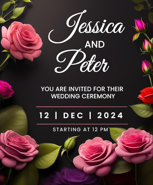 PSD modèle d'invitation de mariage au thème de la rose classique pour la cérémonie sauver la date invitation de couronne de rose tem