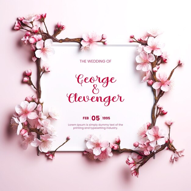 PSD modèle d'invitation de mariage avec cadre en fleurs de cerisier