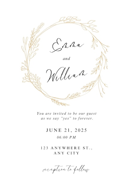 Modèle d'invitation de mariage à couronne botanique minimale avec une typographie élégante