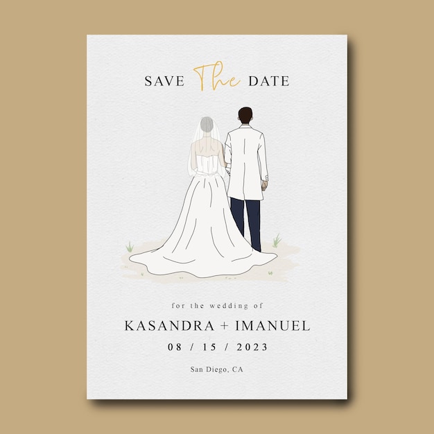 PSD modèle d'invitation de mariage avec décoration d'illustration de couple de mariage