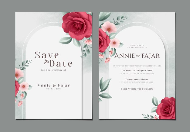 Modèle D'invitation De Mariage à Deux Faces Avec Un Bouquet De Roses Rouges