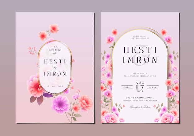 Modèle D'invitation De Mariage à Deux Faces Avec Des Fleurs Colorées