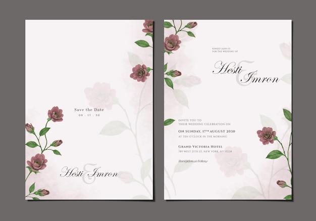 PSD modèle d'invitation de mariage à deux faces avec des fleurs