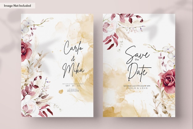 PSD modèle d'invitation de mariage double face avec fleur aquarelle boho