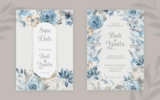 PSD modèle d'invitation de mariage double face psd avec des roses bleues poussiéreuses aquarelles élégantes