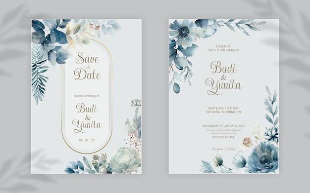 PSD modèle d'invitation de mariage double face psd avec des roses bleues poussiéreuses aquarelles élégantes
