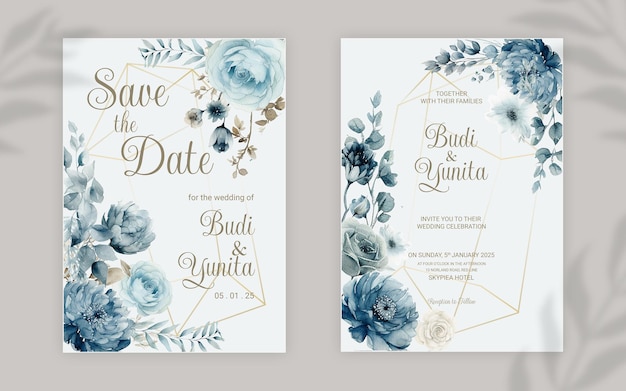 Modèle D'invitation De Mariage Double Face Psd Avec Des Roses Bleues Poussiéreuses Aquarelles élégantes