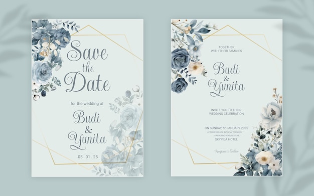 PSD modèle d'invitation de mariage double face psd avec des roses bleues poussiéreuses aquarelles élégantes