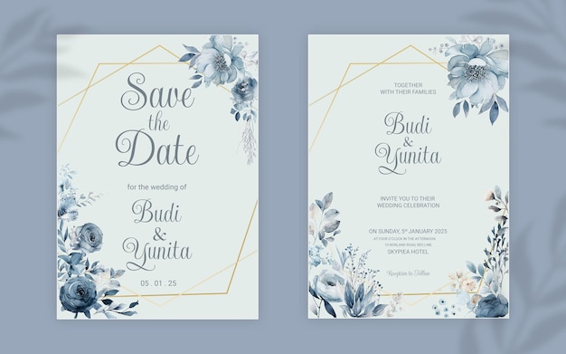 Modèle d'invitation de mariage double face PSD avec des roses bleues poussiéreuses aquarelles élégantes