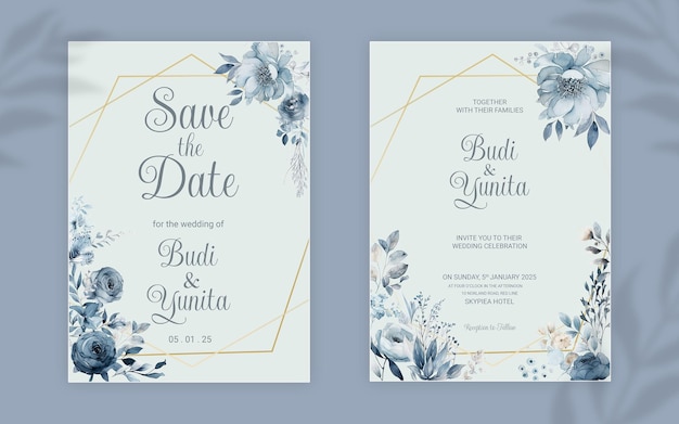 PSD modèle d'invitation de mariage double face psd avec des roses bleues poussiéreuses aquarelles élégantes