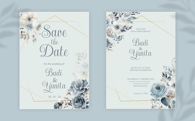 PSD modèle d'invitation de mariage double face psd avec des roses bleues poussiéreuses aquarelles élégantes