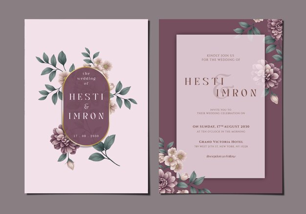 PSD modèle d'invitation de mariage élégant à deux faces avec fleur