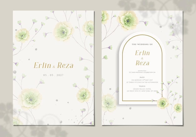 PSD modèle d'invitation de mariage élégant à deux faces avec des fleurs