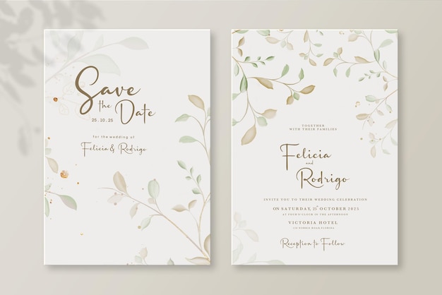 Modèle d'invitation de mariage élégant avec des feuilles d'aquarelle