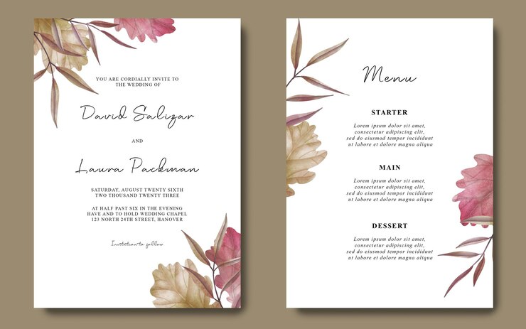 PSD modèle d'invitation de mariage avec des feuilles séchées à l'aquarelle