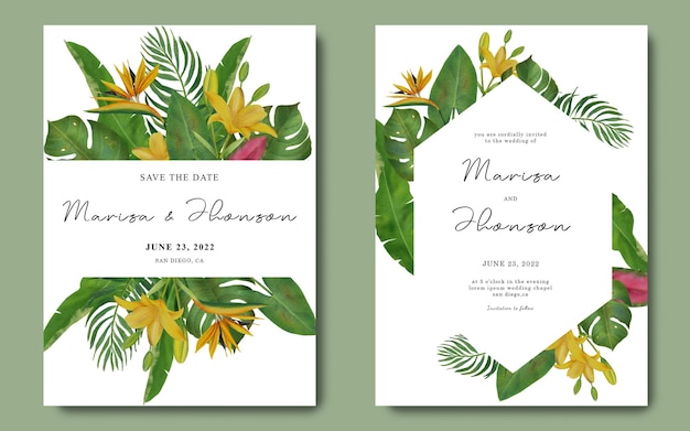 PSD modèle d'invitation de mariage avec des feuilles tropicales et des décorations de fleurs tropicales aquarelles