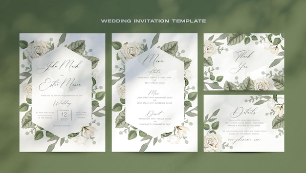 PSD modèle d'invitation de mariage feuilles vertes fond blanc format psd