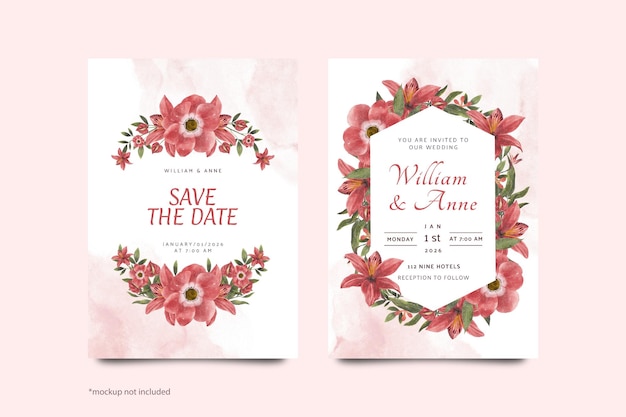 Modèle D'invitation De Mariage Fleur Aquarelle Rouge