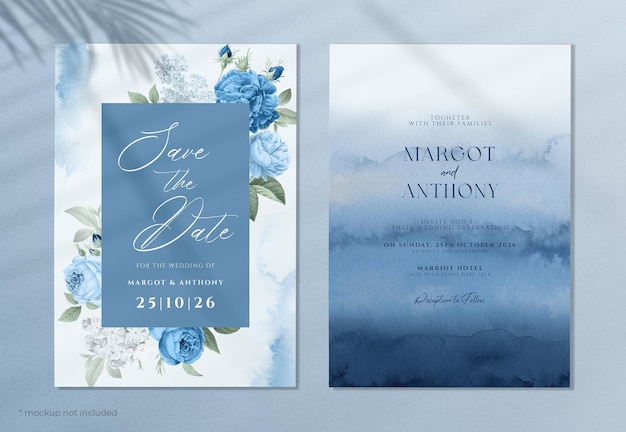 Modèle d'invitation de mariage floral aquarelle serti de thème bleu