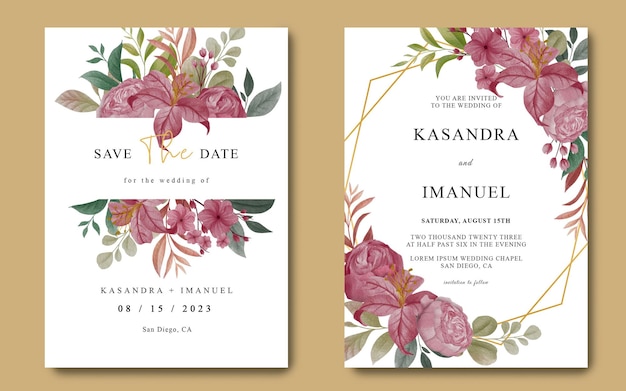 Modèle D'invitation De Mariage Floral Serti De Roses Aquarelles