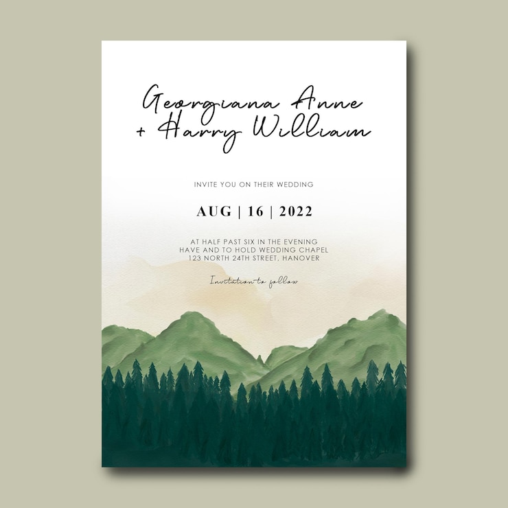PSD modèle d'invitation de mariage avec fond de paysage de montagne aquarelle