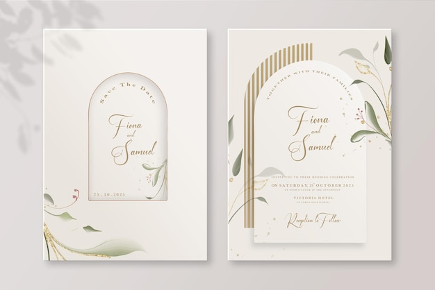modèle d'invitation de mariage géométrique avec des feuilles d'aquarelle