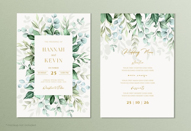 Modèle d'invitation de mariage et de menu avec brosse dorée et décoration de feuilles