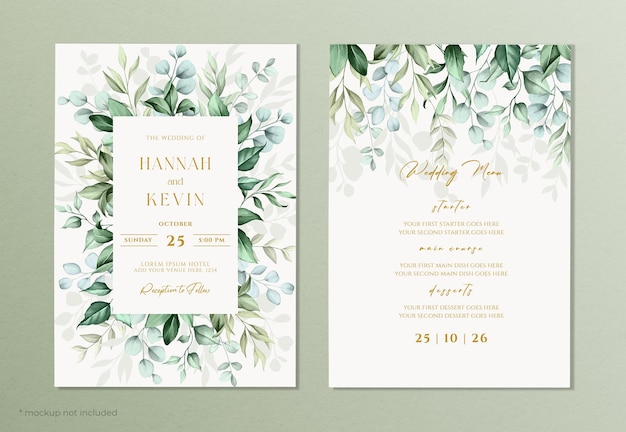 PSD modèle d'invitation de mariage et de menu avec brosse dorée et décoration de feuilles