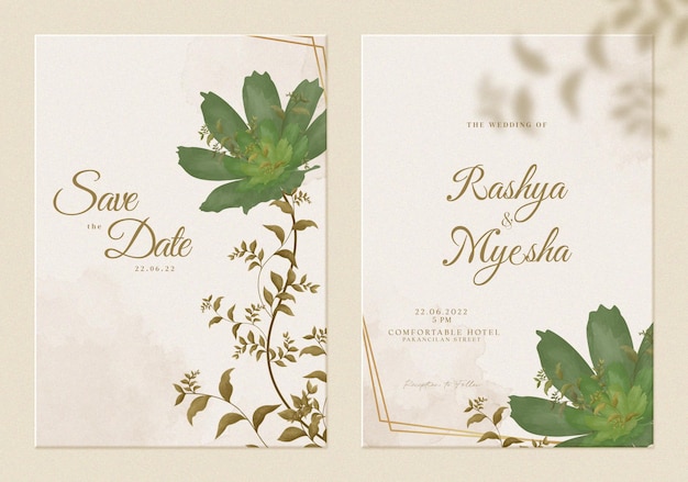 Modèle D'invitation De Mariage Moderne Double Face Avec Aquarelle De Feuilles Vertes Et Brunes