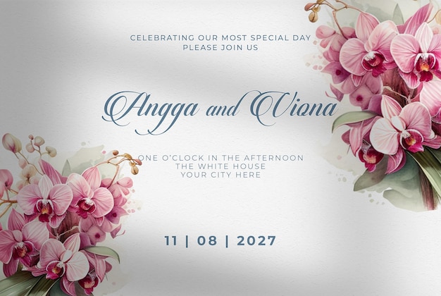 PSD modèle d'invitation de mariage avec des orchidées aquarelles douces