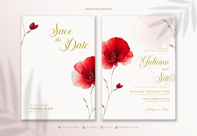 PSD modèle d'invitation de mariage psd avec fleur rouge