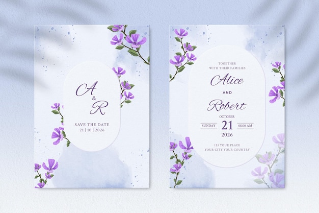 PSD modèle d'invitation de mariage recto-verso avec fleur blanche et violette psd premium